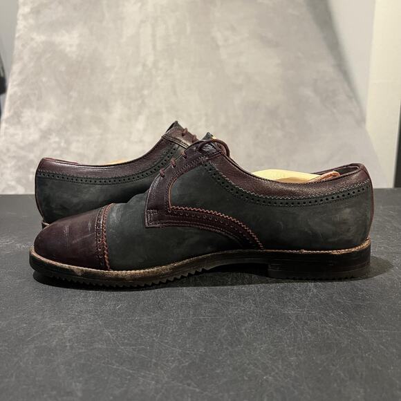 Bally Derby Shoes Mens Size 9 E Oxblood Black Cap Toe Leather Nubuck Brogue